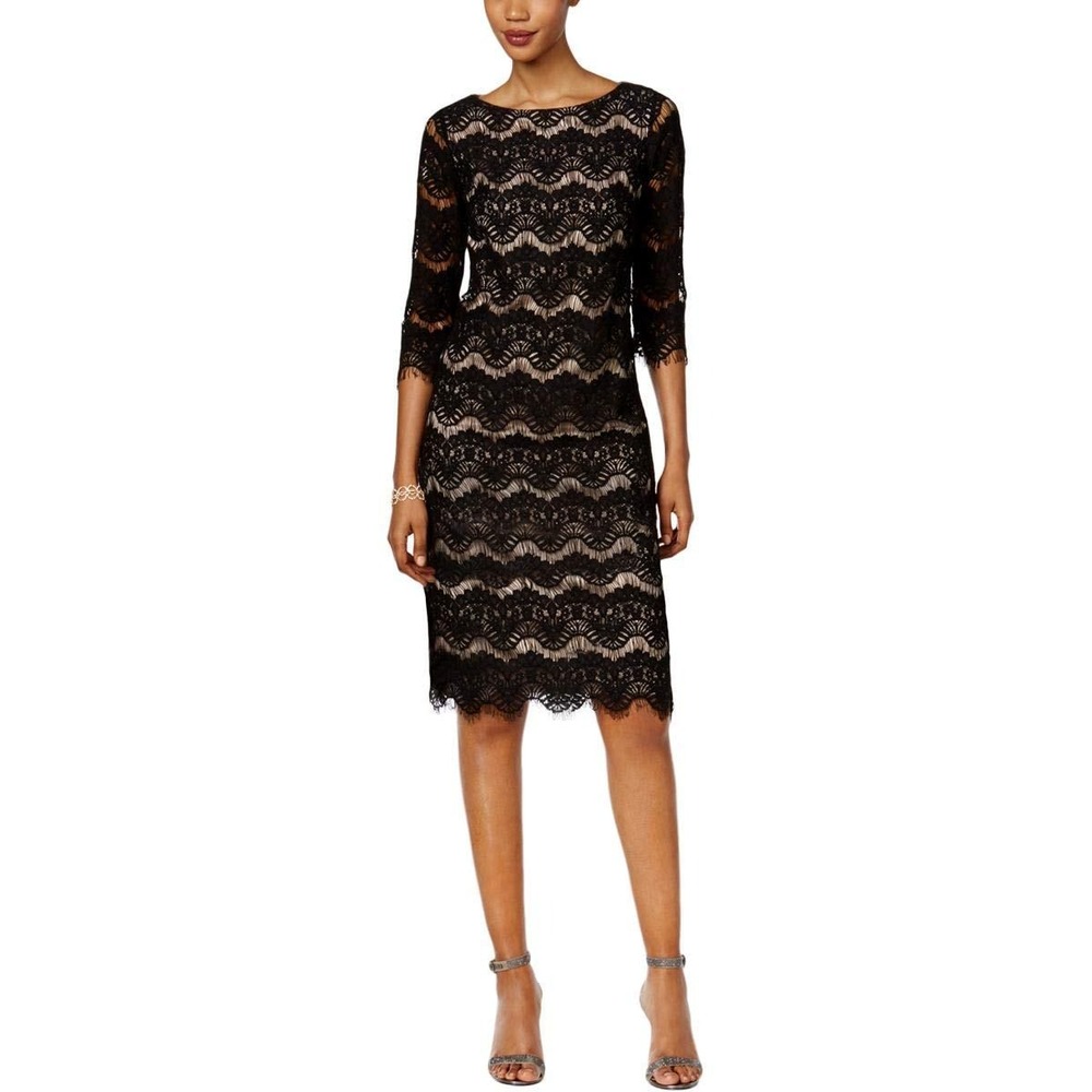 Jessica‎ Howard Black Scalloped Lace 3/4 Sleeve Shift Dress JH7M8390 Womens 10